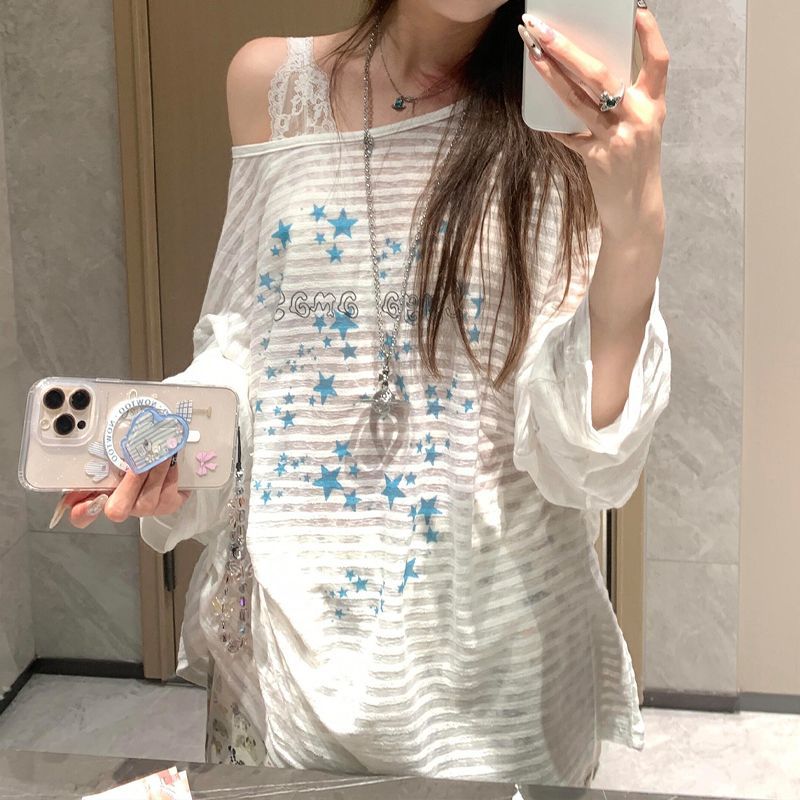 星星印花斜肩長袖上衣 輕薄防曬罩衫