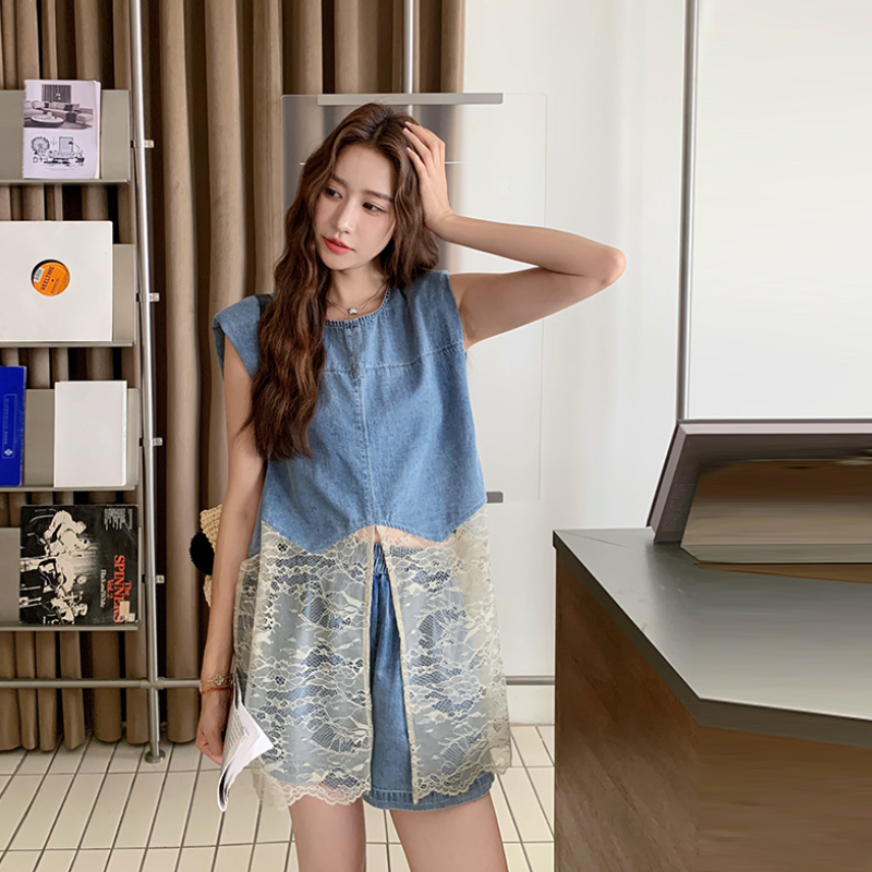 韓系穿搭古董蕾絲馬甲 × 丹寧短褲​度假組​