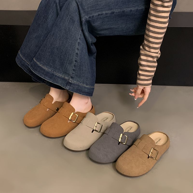 簡約包頭半拖鞋 可調扣帶設計 平底舒適 百搭休閒款