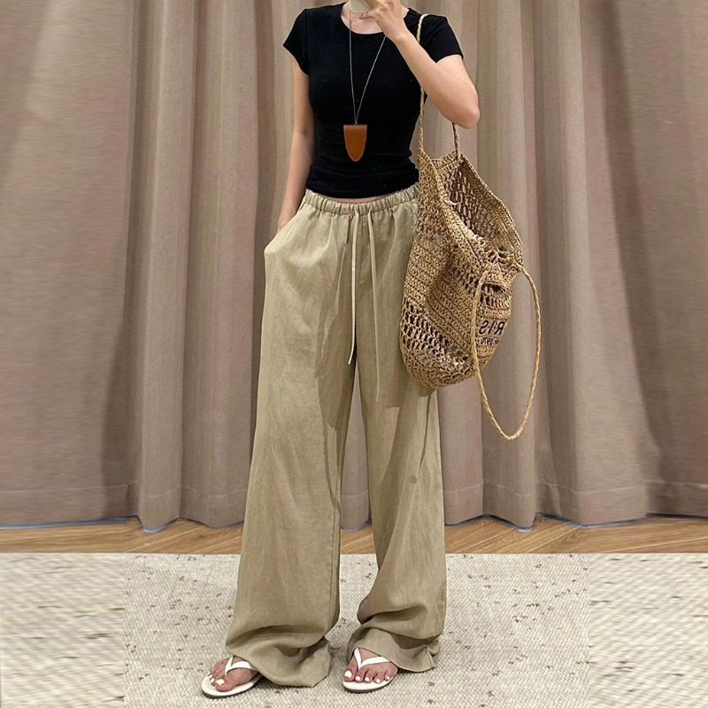 藏青亞麻混紡涼感寬褲 夏季高腰 垂墜感 直筒寬鬆 顯瘦長褲