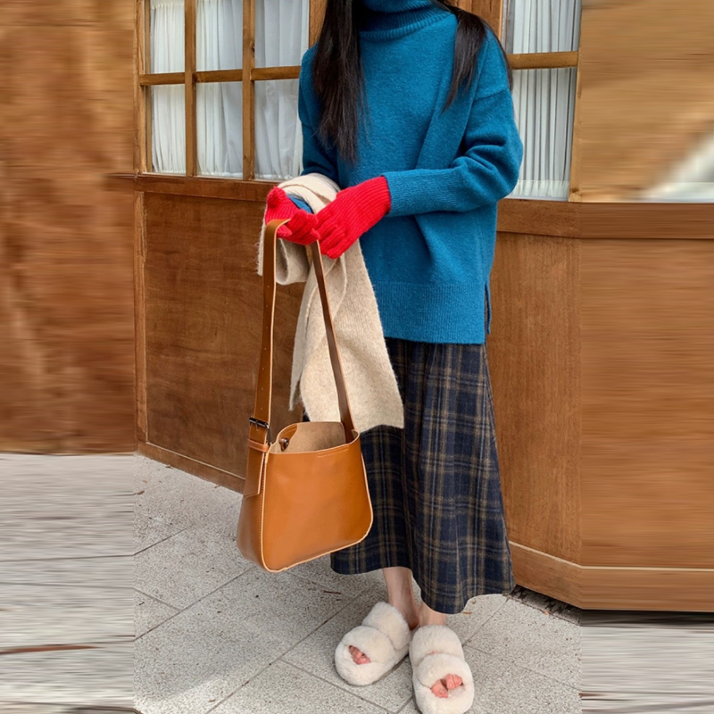 復古格紋毛呢中長裙 高腰A字傘裙 寬鬆顯瘦 修飾臀胯 秋冬百搭