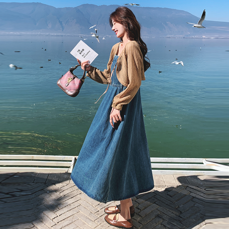 【單品可選】法式復古牛仔吊帶連身裙套裝 韓版針織罩衫+吊帶裙