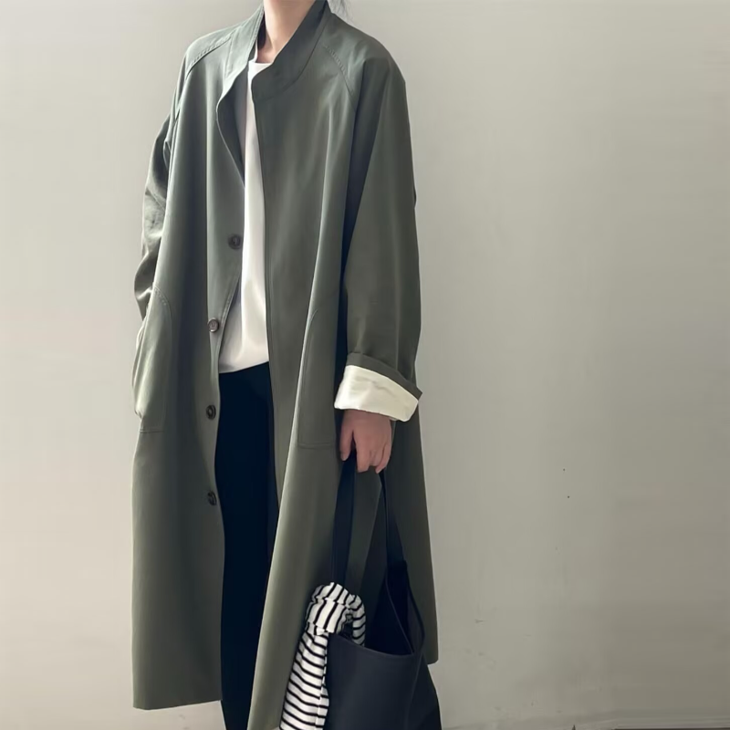 立領中長版風衣外套 英倫感 高級質感 寬鬆剪裁 春秋休閒百搭