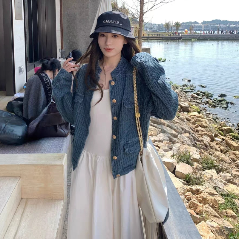 小香風丹寧短版外套 立領金釦 藍色復古感 外搭