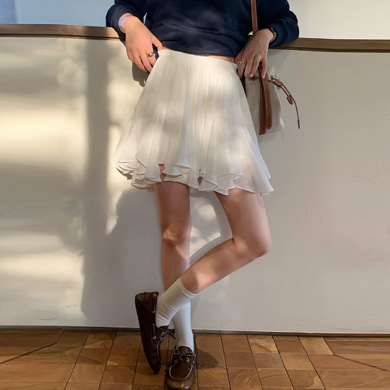 芭蕾仙女裙 新款白色A字短裙 防透內襯 鬆緊腰坐不卡腹