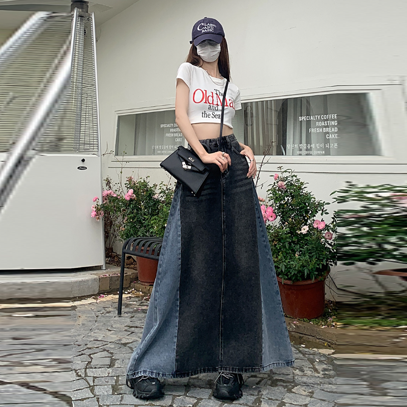 高腰牛仔長裙 小眾設計復古風 顯瘦遮肉A字長版半身裙 春秋款