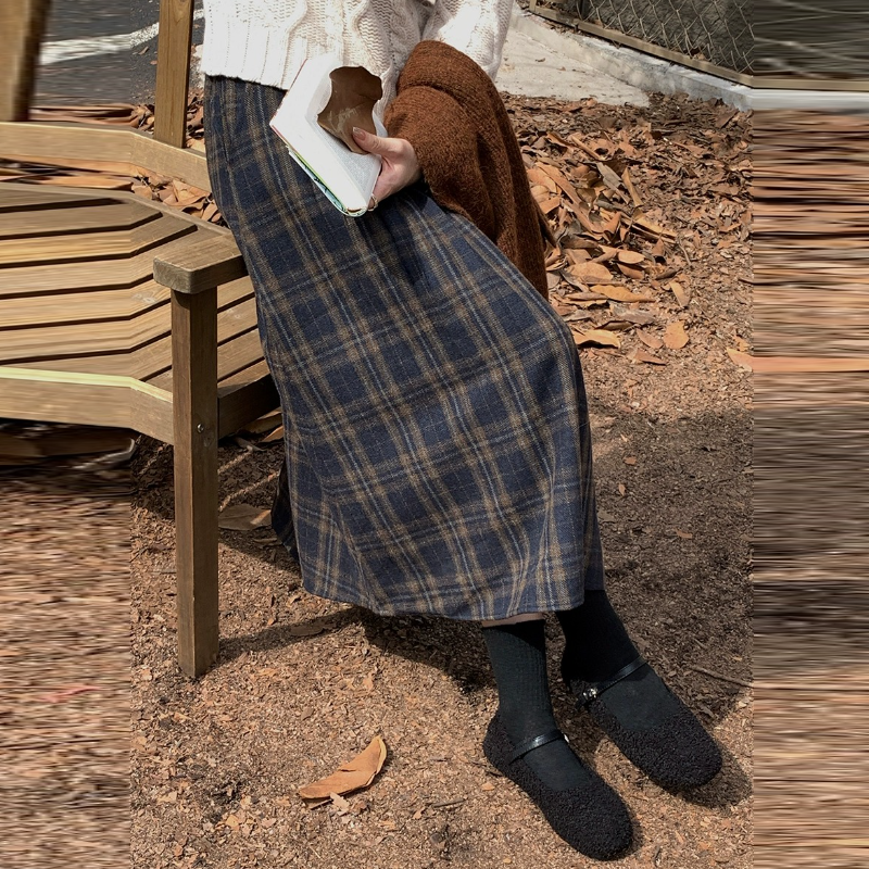 復古格紋毛呢中長裙 高腰A字傘裙 寬鬆顯瘦 修飾臀胯 秋冬百搭