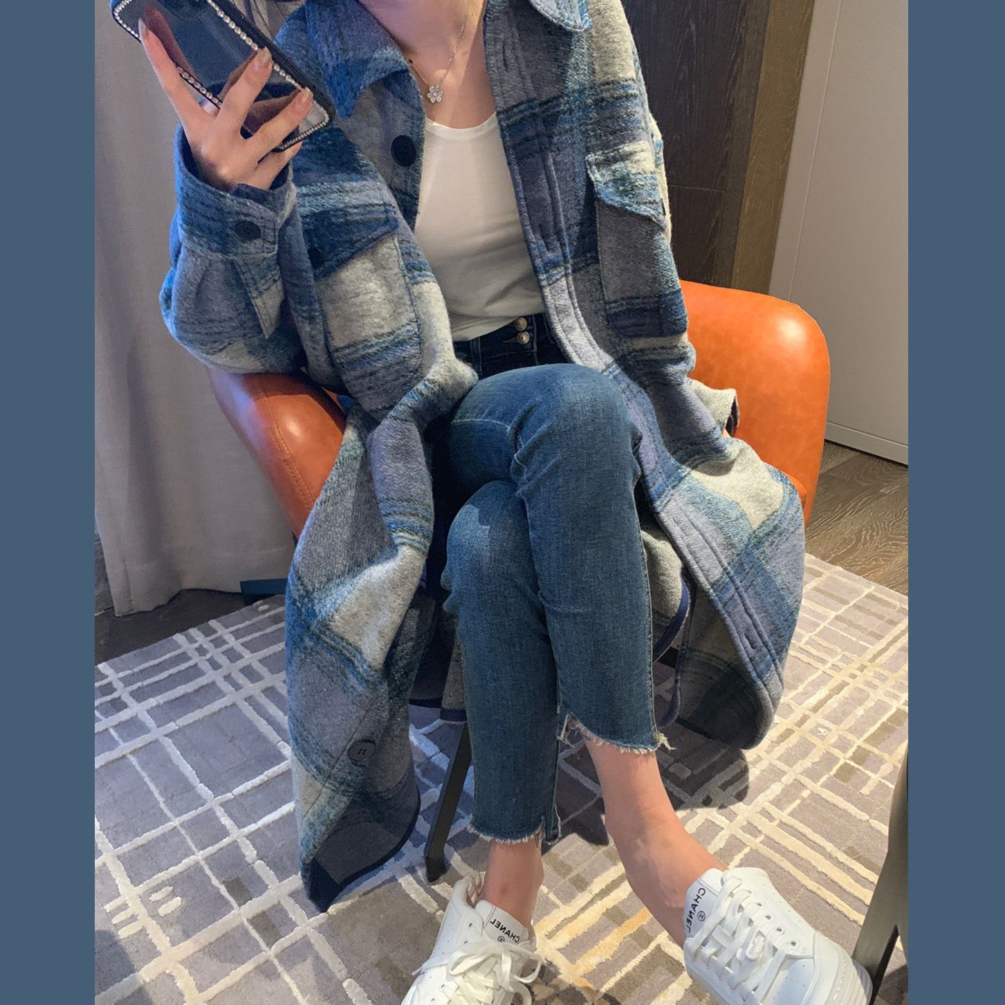 韓系． 百搭格紋外套連身裙 藍色外套高級感過膝