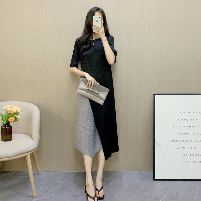 簡約 ‧ 三宅褶皺拼色連身裙 長袖款/五分袖款