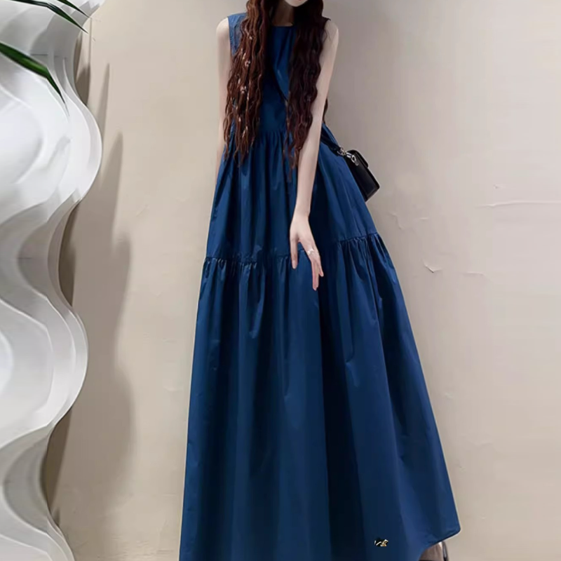 文青風無袖大擺長洋裝 寬鬆A字剪裁 及踝長度 氣質藍色洋裝