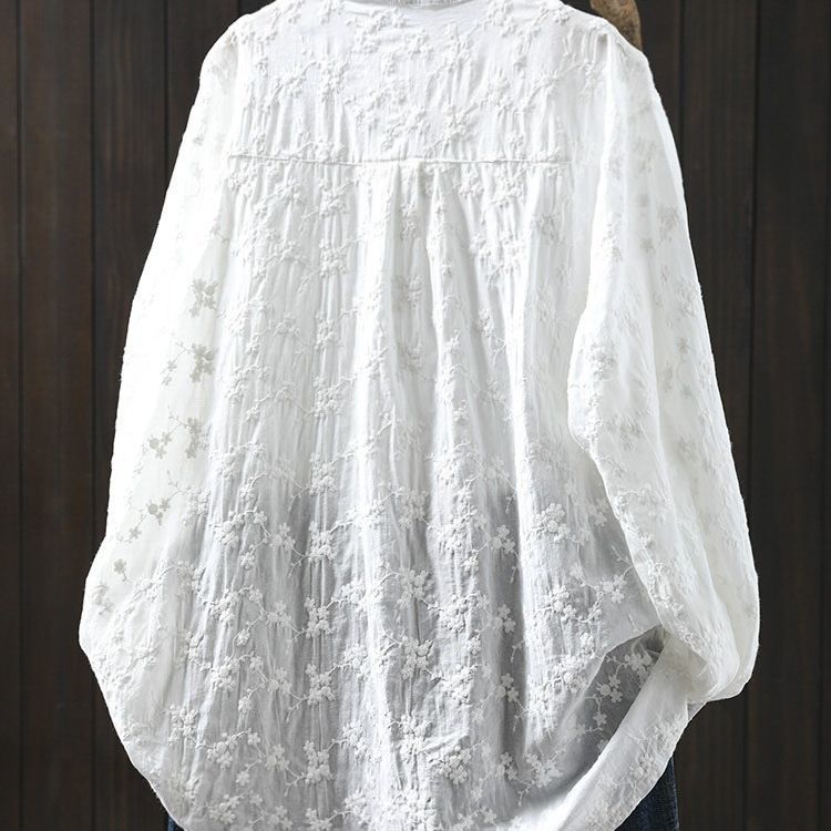 純棉刺繡提花立領襯衫 法式優雅寬版上衣 透氣親膚長袖白襯衫 休閒穿搭學院風顯瘦