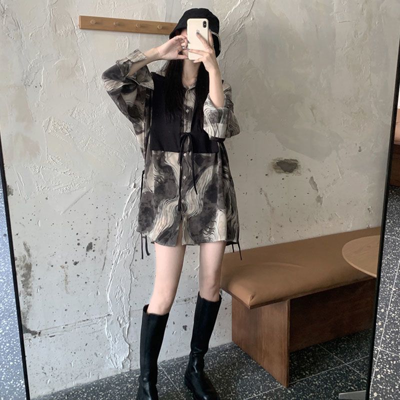 【單品可選】復古扎染長款襯衫+馬甲兩件套—個性設計感中長款，輕鬆百搭