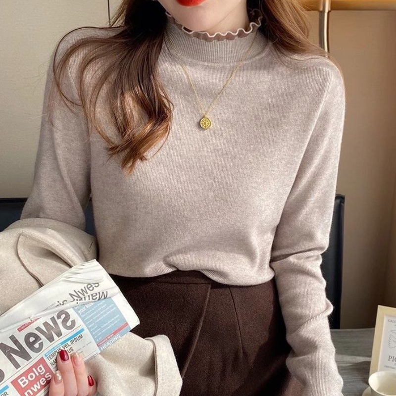 韓國花邊立領上衣-素面蕾絲婚禮OL針織長袖拼接親膚