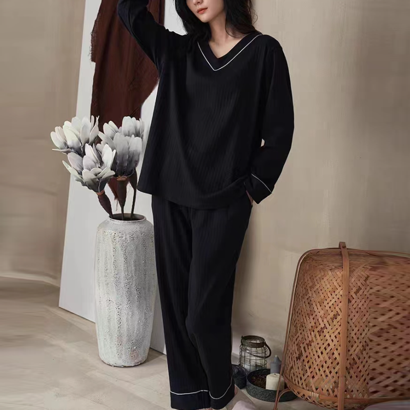 春秋款女士長袖條紋睡衣套裝清新風格家居服