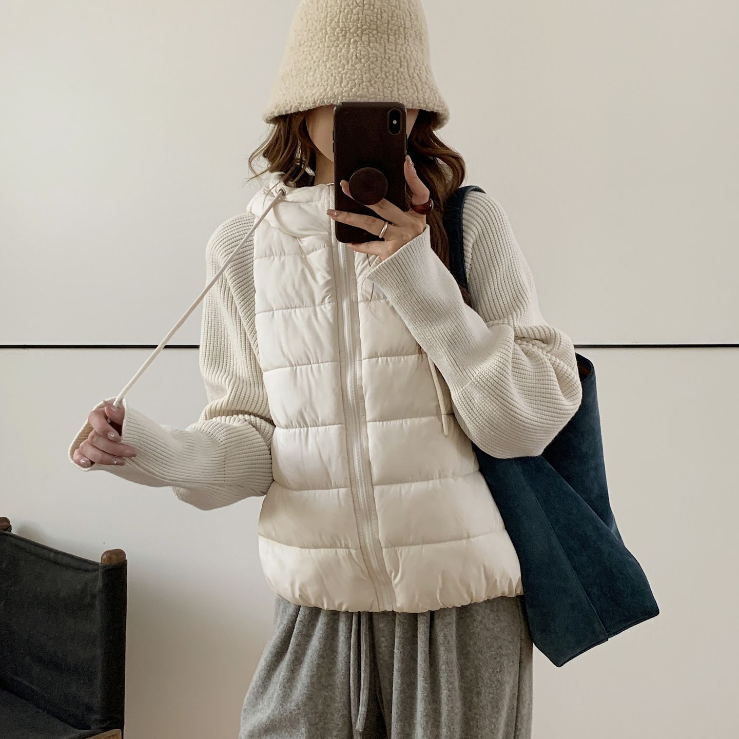 針織拼接連帽鋪棉外套 短版輕量 保暖不臃腫（小個子友善）