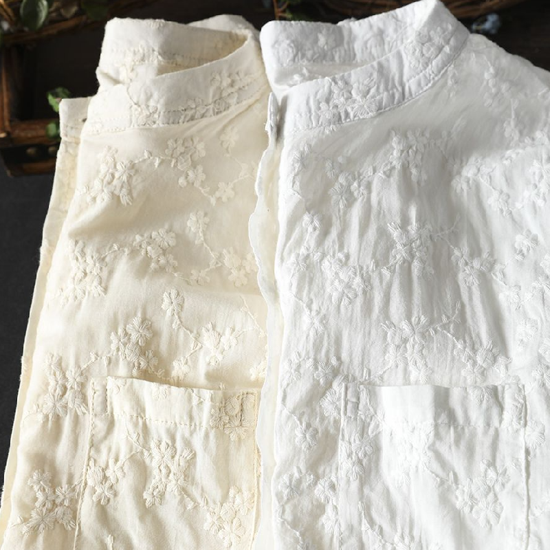 純棉刺繡提花立領襯衫 法式優雅寬版上衣 透氣親膚長袖白襯衫 休閒穿搭學院風顯瘦