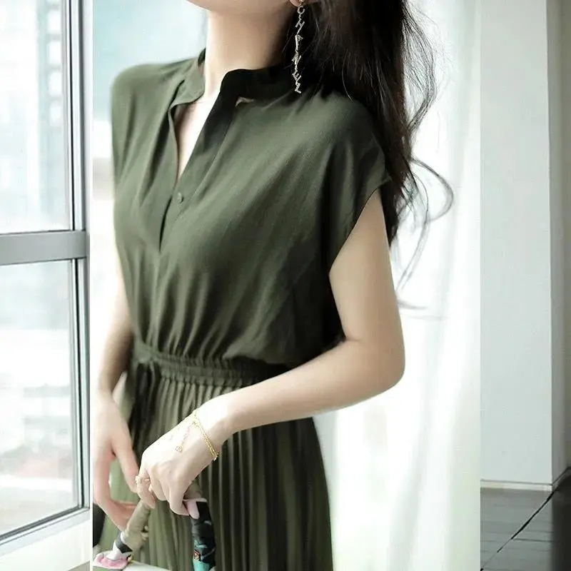 仙氣百褶連身裙洋裝 漸變色立領收腰設計感 百褶雪紡連身裙