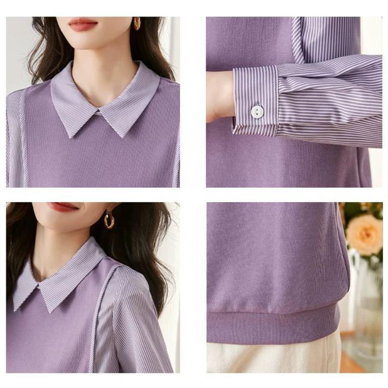 春夏法式條紋假兩件長袖襯衫 高級感豎條紋浪漫紫色翻領上衣