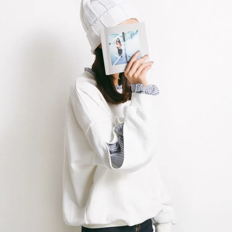 【春人気商品】【2色/M-2XL】薄款假兩件圓領白色TEE襯衫 韓版條紋寬鬆上衣