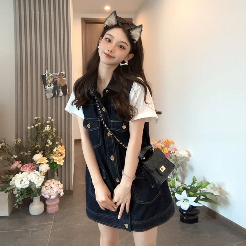 復古牛仔無袖背心洋裝 寬鬆直筒設計 韓系休閒款