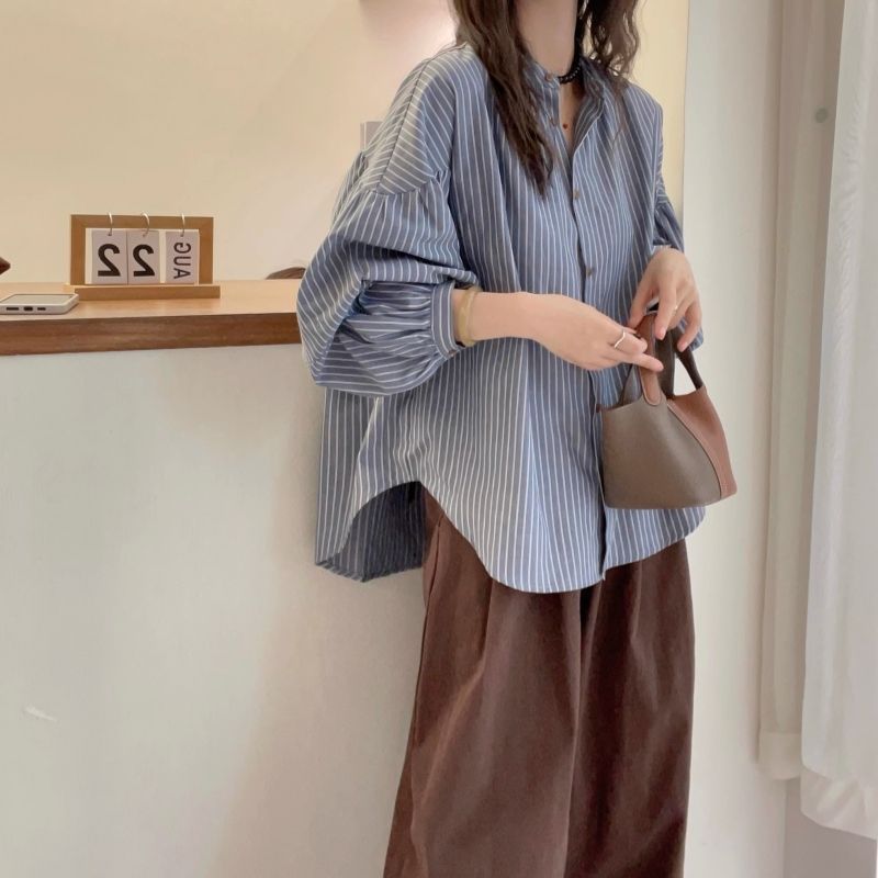 秋季條紋小立領襯衫 燈籠袖 寬鬆顯瘦 前短後長 日系休閒