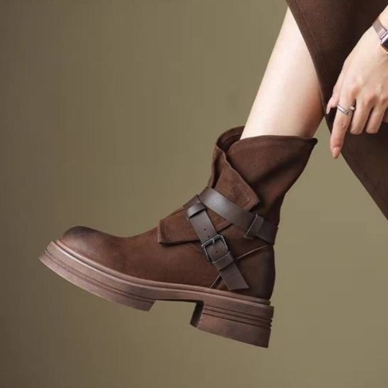 法式復古馬丁靴-秋冬新款厚底軟皮短靴 側拉鍊設計