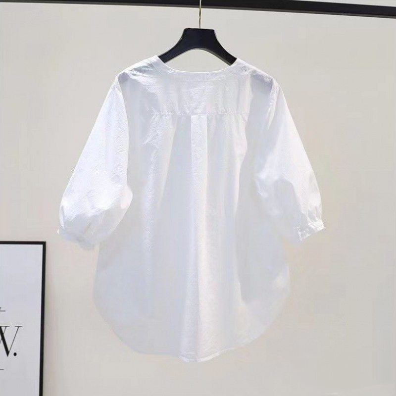 韓設計感褶皺圓領七分袖白色襯衫百搭上衣