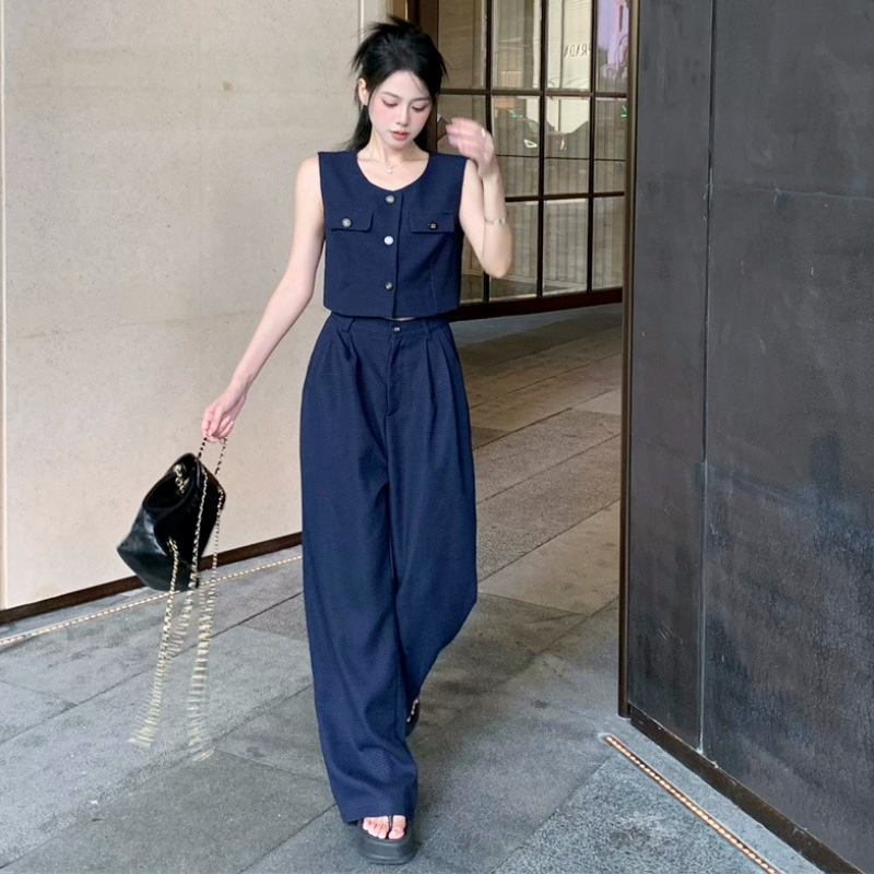 韓系兩件式套裝 無袖背心上衣＋寬褲 垂墜感 寬鬆顯瘦 外穿有型