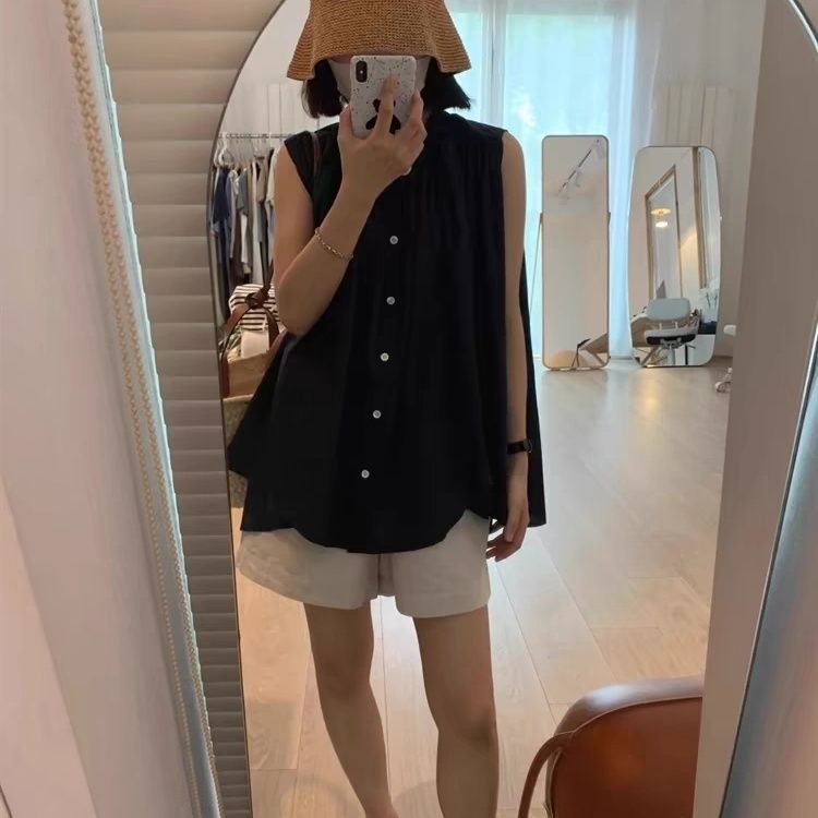 春夏無袖寬鬆版型素色襯衫 減齡顯瘦高級氣質感