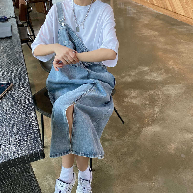 韓系 ‧ 牛仔口袋吊帶連身裙寬鬆大版型胖mm連身洋裝