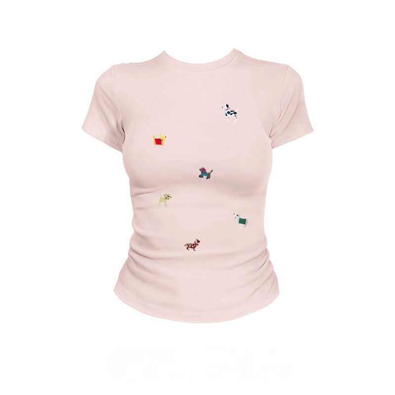 純棉短袖T恤 美式復古 標準肩線 合身顯瘦 小狗印花卡通圖案