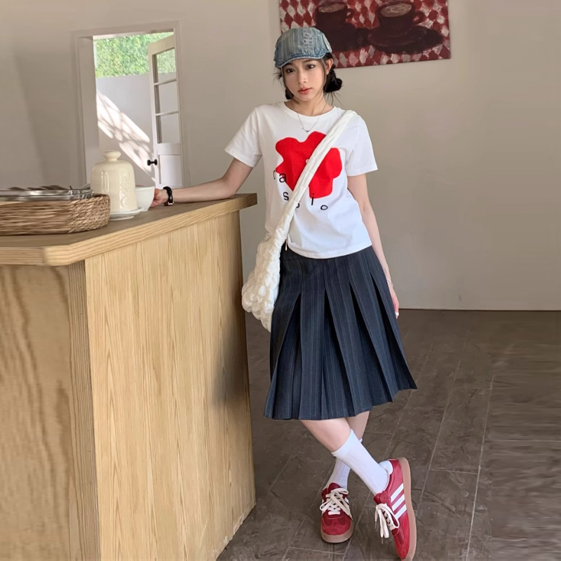 純棉紅花印花T恤 白色短袖 韓系甜美 顯年輕 夏季百搭