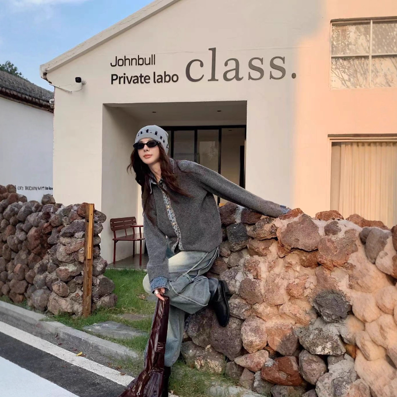 韓系牛仔拼接針織外套 厚磅質感 層次襯領設計