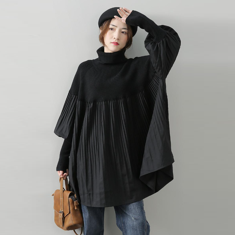 高領針織拼接百褶上衣 寬鬆剪裁 素色氣質 秋冬百搭