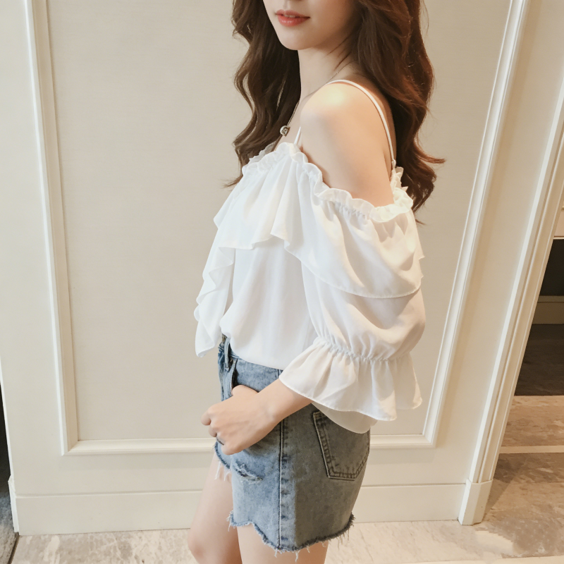 法式荷葉一字領露肩上衣 優雅氣質款