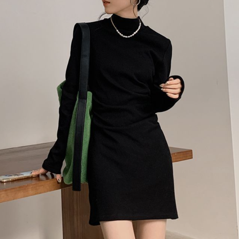 法式修身針織短洋裝 半高領設計 秋冬簡約氣質款