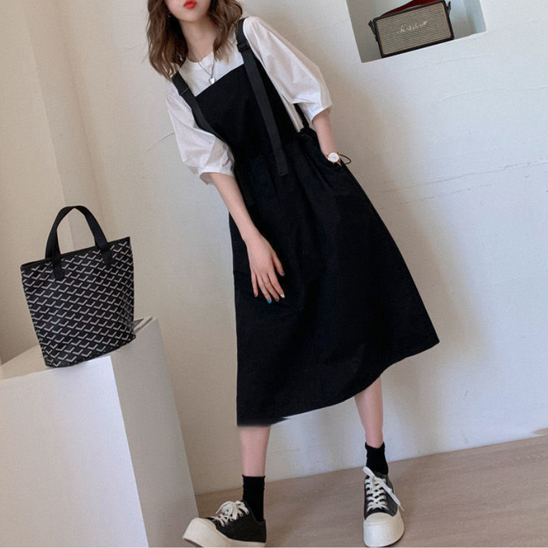 韓版寬鬆背帶裙兩件套-顯瘦收腰設計连身裙 泡泡袖花苞上衣