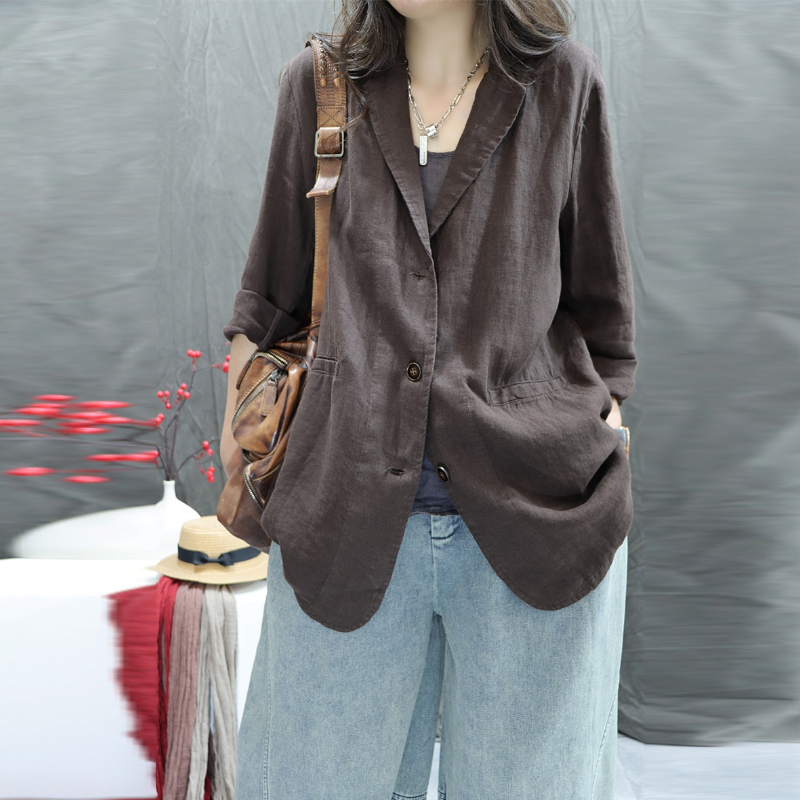 棉麻小西裝外套 春秋薄款 寬鬆版 文青復古 好搭休閒