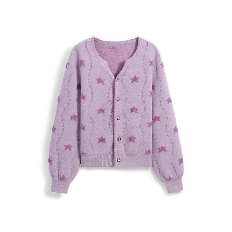 春秋溫柔紫圓領針織衫上衣