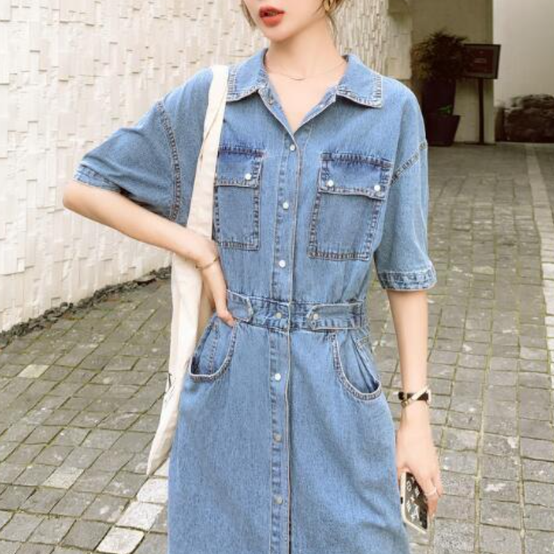 甜美日系收腰牛仔連身裙 顯瘦氣質中長A字裙