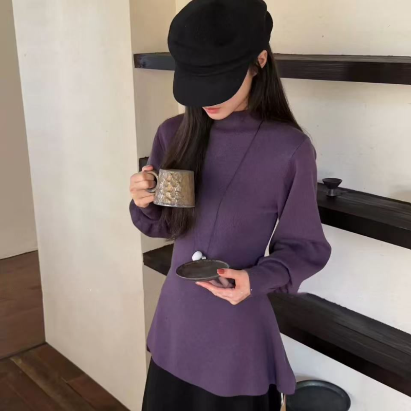 法式半高領荷葉擺針織上衣 燈籠袖 收腰版型 比例更好看