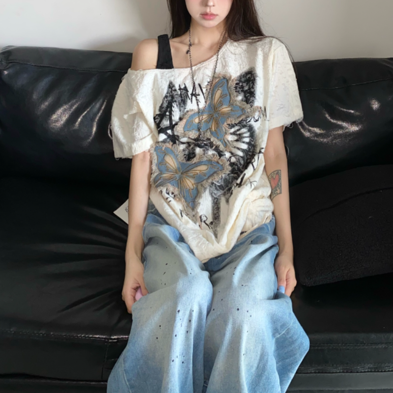 美式復古蝴蝶印花寬鬆長版T恤 個性設計感 休閒百搭上衣