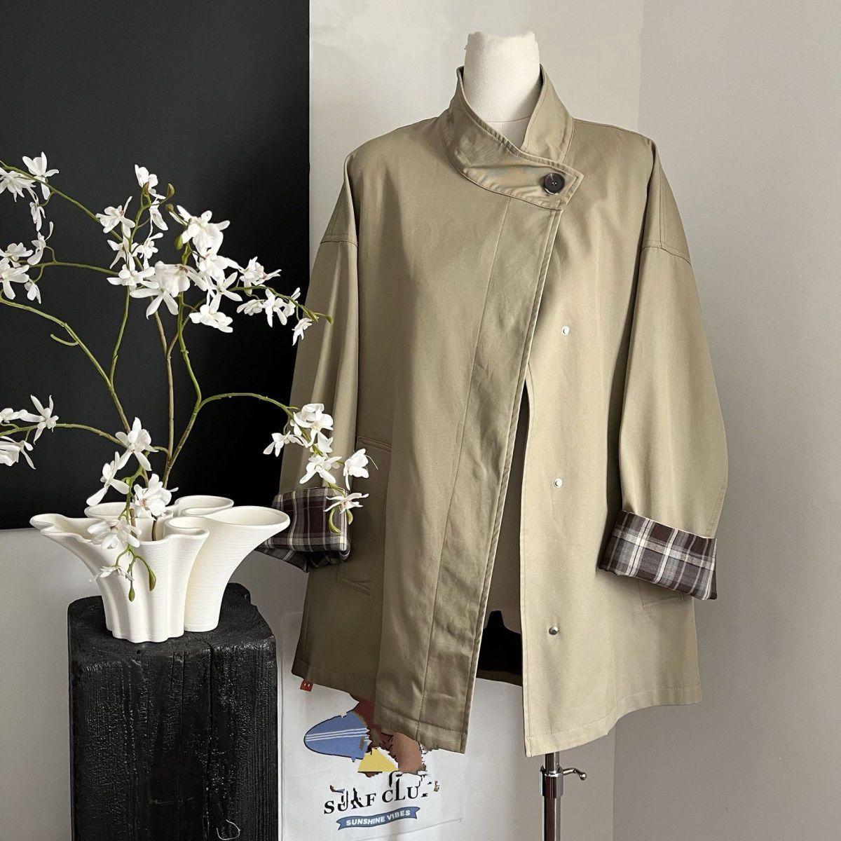 拼色英倫風長版風衣外套 寬版顯瘦 挺版設計 高級感經典款