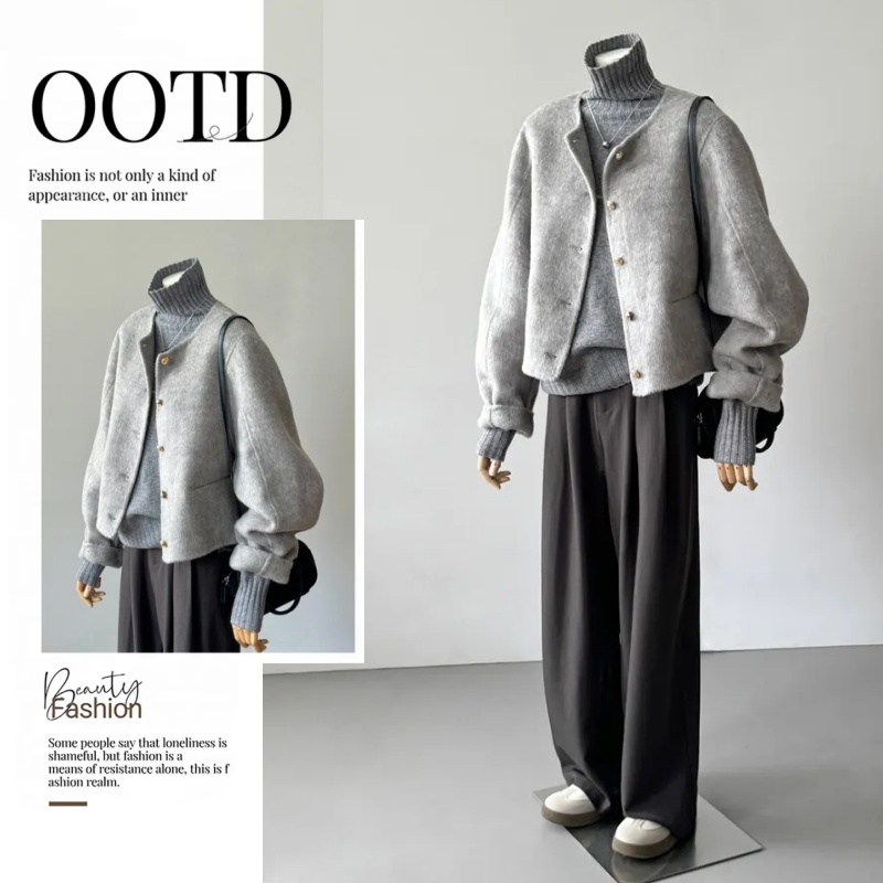 【單品可選】一整套入冬穿搭韓系小香風灰色短款呢料外套+百搭高領毛衣兩件套