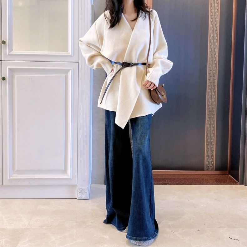 韓系V領針織外套＋高腰寬褲牛仔 兩件套 灰色上衣 綁帶設計