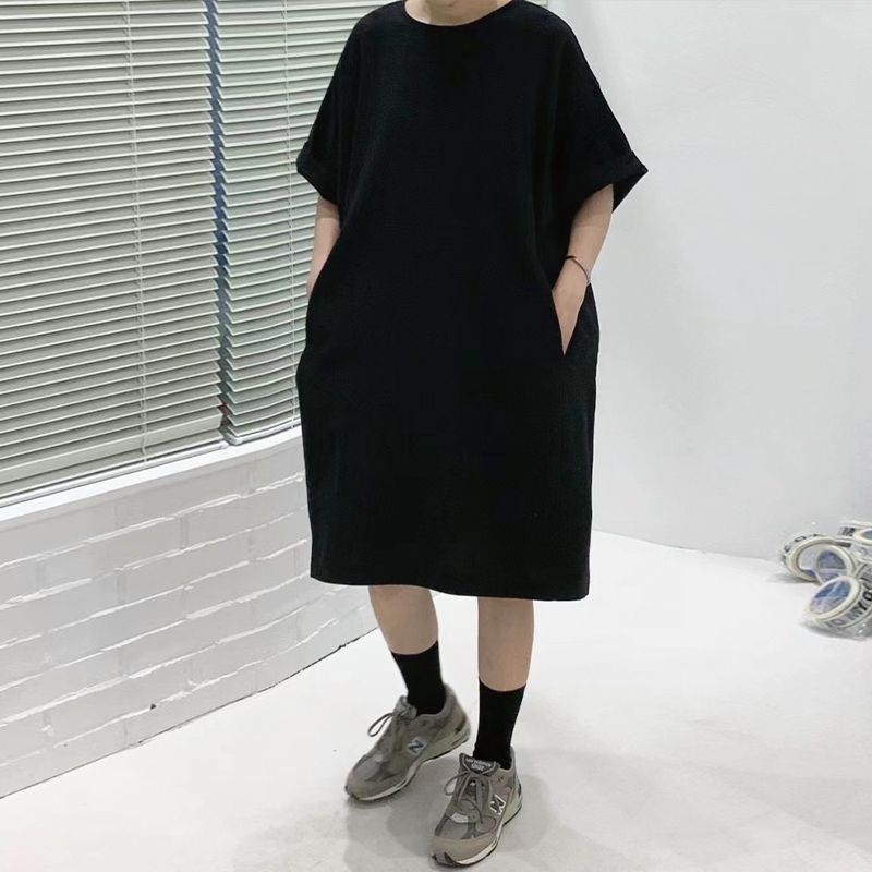 [特價出清]大尺碼慵懶風連身裙-韓版寬鬆中長款 簡約遮肉設計