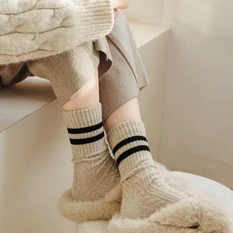 4條套組 復古麻花條紋堆叠袜秋冬季保暖加厚日系學院風簡約外穿