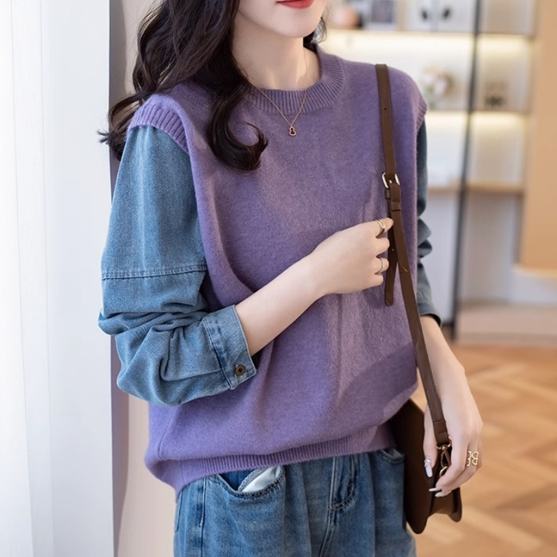 牛仔袖拼接假兩件針織上衣 寬鬆剪裁 秋冬百搭款