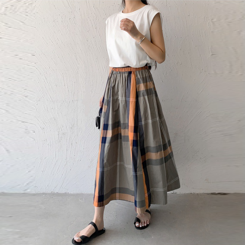6色*日韓流行格紋寬版大擺百搭半身裙