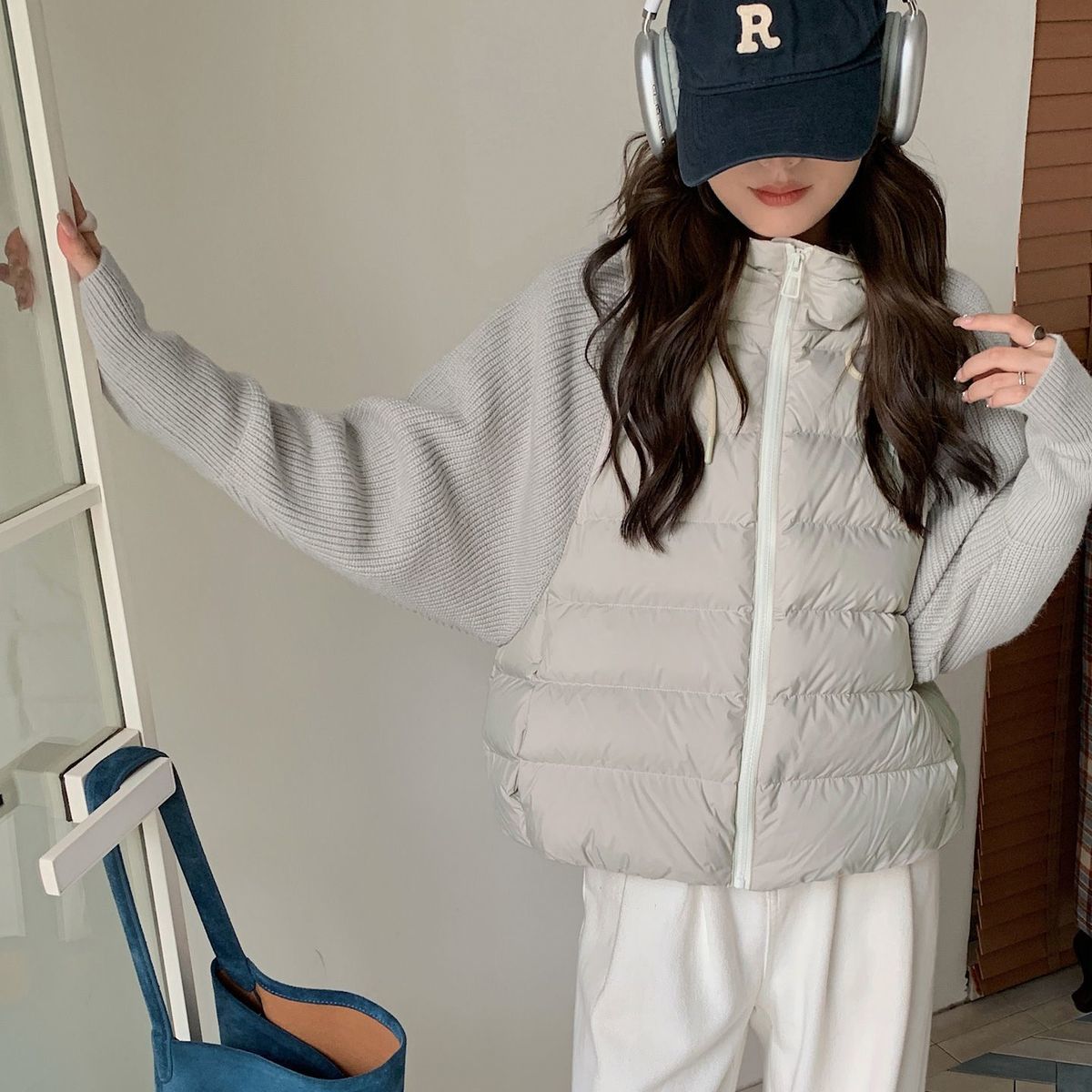 針織拼接連帽鋪棉外套 短版輕量 保暖不臃腫（小個子友善）